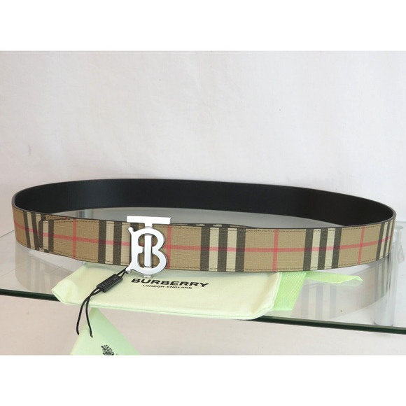 $580 BURBERRY TB 35 BEIGE CHECK BLACK LEATHER REVERSIBLE LOGO BUCKLE BELT 95 38 - Picture 3 of 13